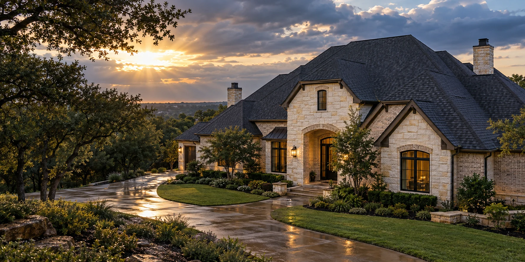 Illustrative North Texas home beneath clouds